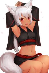  :d animal_ear_fluff animal_ears armpits arms_behind_head arms_up bare_legs bare_shoulders black_shirt black_skirt breasts commentary_request crop_top dark-skinned_female dark_skin detached_sleeves female fox_ears fox_tail hair_between_eyes japanese_clothes long_hair long_sleeves looking_at_viewer mathew_(srmmk_mce) midriff miniskirt navel oerba_yun_fang open_mouth original ponytail red_eyes rope shirt simple_background sitting skirt small_breasts smile solo stomach tail thick_eyebrows white_background white_hair wide_sleeves 