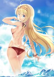  :d ahoge armpit_peek artemia_(king&#039;s_raid) ass backless_outfit bangle bare_arms bare_back bare_shoulders black_ribbon blonde_hair blue_eyes bracelet breasts butt_crack casual_one-piece_swimsuit cloud cloudy_sky commentary day english_commentary female fingernails floating_hair flower hair_flower hair_ornament hairband hand_up highres jewelry joko_jmc king&#039;s_raid long_hair looking_at_viewer looking_back medium_breasts mixed-language_commentary one-piece_swimsuit open_mouth outdoors red_hairband red_one-piece_swimsuit ribbon sideboob sidelocks sky smile solo standing sunlight swimsuit thighs very_long_hair wading water wet yellow_flower 