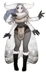  antennae arthropod_girl artist_name bad_id bad_tumblr_id black_footwear black_sclera boots capelet colored_sclera commentary english_commentary extra_arms female full_body fur-trimmed_boots fur_trim grey_hair hand_on_own_chest highres image_sample insect_wings knee_boots long_hair looking_to_the_side matilda_fiship monster_girl moth_girl moth_wings mother_lumi_(matilda_fiship) neck_fur no_pupils original pelvic_curtain signature simple_background smile solo tumblr_sample white_background wings 