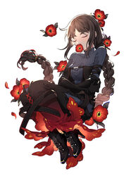  absurdres bad_id bad_pixiv_id black_gloves black_pants blush boots braid breasts brown_hair chinese_commentary closed_eyes commentary_request covered_mouth elbow_gloves fate/grand_order fate_(series) female flower full_body gloves hair_ornament highres large_breasts long_hair pants photoshop_(medium) platinum_(o0baijin0o) red_flower simple_background solo striped very_long_hair white_background yu_mei-ren_(fate) yu_mei-ren_(first_ascension)_(fate) 