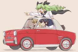  3girls anchovy_(girls_und_panzer) anzio_school_uniform arm_support beige_background beret black_cape black_hair black_headwear black_necktie black_ribbon black_skirt blonde_hair braid brown_eyes cape carpaccio_(girls_und_panzer) commentary_request dress_shirt drill_hair driving fiat fiat_500 girls_und_panzer green_hair grin hair_ribbon hat holding holding_map leaning_forward long_hair long_sleeves map miniskirt multiple_girls necktie open_mouth pantyhose pepperoni_(girls_und_panzer) pleated_skirt pointing red_eyes ribbon school_uniform shadow shirt short_hair side_braid simple_background sitting skirt smile standing twin_drills twintails uona_telepin white_legwear white_shirt wind 