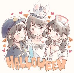  3girls :d :o ;3 akb48 alice_in_wonderland animal_ears black_bow black_bowtie black_eyes black_hair black_headwear blush bow bowtie card clothing_cutout collarbone collared_shirt commentary_request cosplay earrings facial_mark halloween halloween_costume hat heart heart_cutout jewelry lipstick_mark long_hair looking_at_viewer mole mole_under_eye mukaichi_mion multiple_girls nurse nurse_cap one_eye_closed ooshima_ryouka open_mouth playing_card police police_hat police_uniform rabbit_ears real_life shirt short_hair smile takahashi_jyuri taneda_yuuta top_hat twintails uniform upper_body white_rabbit_(alice_in_wonderland) white_rabbit_(alice_in_wonderland)_(cosplay) 