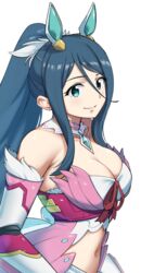  bad_id bad_pixiv_id bare_shoulders blue_eyes blue_hair breasts cleavage detached_collar female fire_emblem hair_between_eyes hair_ornament highres long_hair looking_at_viewer makino_harumaki midriff navel oribe_tsubasa ponytail smile solo tokyo_mirage_sessions_fe white_background 