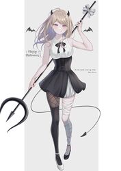  :q ahoge akamatsu_kaede alternate_costume asymmetrical_footwear bandaged_leg bandages bangs banned_artist bare_arms bare_shoulders black_dress black_footwear black_ribbon black_wings blonde_hair bow breasts brown_legwear collared_shirt danganronpa_(series) danganronpa_v3:_killing_harmony demon_horns demon_tail detached_wings dress english_text eyebrows_visible_through_hair female floating_hair full_body grey_background hair_ornament happy_halloween highres holding holding_weapon horns large_breasts long_hair long_sleeves looking_at_viewer mini_wings mismatched_footwear nabekokoa nail_polish neck_ribbon pantyhose pink_eyes polearm red_nails ribbon shiny shiny_hair shirt shoes single_leg_pantyhose single_thighhigh skindentation sleeveless smile solo striped striped_bow striped_dress symbol-only_commentary tail thighhighs thighhighs_over_pantyhose tongue tongue_out trident weapon weapon_behind_back white_background white_bow white_footwear wings 