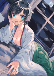  ahoge black_hair breasts cleavage dutch_angle female full_moon furisode green_eyes green_hakama hakama hakama_skirt highres japanese_clothes kantai_collection kimono looking_at_viewer matsukaze_(kancolle) medium_breasts meiji_schoolgirl_uniform mizuta_kenji moon night one-hour_drawing_challenge open_clothes short_hair skirt solo swept_bangs wavy_hair white_kimono window 