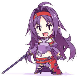  :d ahoge armor black_eyes breastplate chibi detached_sleeves dress female fingerless_gloves full_body gloves hairband holding holding_sword holding_weapon long_hair midriff naked_armor navel no_leotard obsidian_slasher parted_bangs pointy_ears purple_armor purple_dress purple_gloves purple_hair red_hairband shikei smile solo sword sword_art_online unsheathed very_long_hair weapon white_background yuuki_(sao) 