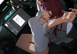  absurdres alternate_costume armpits arms_up ass bra_strap breasts bright_pupils casual collarbone commentary computer_mouse cup_ramen drawing_tablet female food foreshortening from_above headphones heterochromia highres hololive houshou_marine imitating large_breasts long_hair looking_at_viewer looking_up oerba_yun_fang open_mouth panties red_eyes red_hair shirt sitting solo stretching stylus t-shirt tears thigh_gap thighs tonki tsurime twintails underwear virtual_youtuber white_shirt yellow_eyes 