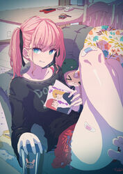  absurdres bandaid bandaid_on_knee bandaid_on_leg black_shirt blue_eyes bra_strap bright_pupils cellphone commentary couch crossed_legs cup drinking_glass feet_out_of_frame female floral_print grin highres holding indoors kagawa_yuusaku long_sleeves looking_at_viewer manga_(object) miniskirt on_couch original phone pink_hair red_skirt shirt signature skirt smartphone smile smirk stuffed_animal stuffed_dinosaur stuffed_toy teddy_bear thighs toes twintails unworn_socks white_pupils 