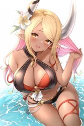  bare_shoulders bikini black_bikini blonde_hair blush breasts cleavage collarbone commentary dark-skinned_female dark_skin draph female flower granblue_fantasy hair_flower hair_ornament highres horn_ornament horns iwao_(pixiv258710) kumbhira_(granblue_fantasy) kumbhira_(summer)_(granblue_fantasy) large_breasts layered_bikini long_hair looking_at_viewer navel official_alternate_costume open_mouth pointy_ears skindentation smile solo strap_slip swimsuit thigh_strap water wet wet_hair white_flower yellow_eyes 