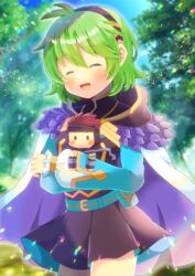  :d ^_^ black_dress black_hairband blurry blurry_background blush cape character_doll closed_eyes commentary_request commission day depth_of_field dress facing_viewer female fire_emblem fire_emblem:_the_blazing_blade fire_emblem_heroes green_hair hair_between_eyes hairband jaffar_(fire_emblem) kou_hiyoyo lens_flare long_sleeves nino_(fire_emblem) nino_(resplendent)_(fire_emblem) outdoors pleated_dress puffy_long_sleeves puffy_sleeves purple_cape skeb_commission sleeves_past_wrists smile solo tree white_cape 