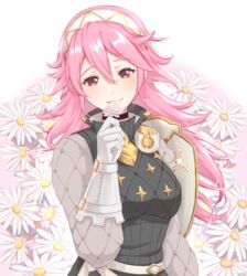  armor black_choker choker female fire_emblem fire_emblem_fates flower gambeson gloves hair_between_eyes hairband holding holding_flower kiro125 long_hair long_sleeves looking_at_viewer pink_eyes pink_hair shoulder_armor smile soleil_(fire_emblem) white_background white_gloves white_hairband 