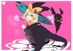  absurdres black_jacket blonde_hair bow cardigan clenched_hands commentary female fork glowing green_eyes hair_ornament hairclip hat highres holding holding_wand jacket looking_at_viewer looking_back lucie_(millie_parfait) millie_parfait nijisanji nijisanji_en one_eye_closed orange_cardigan orange_eyes paw_print purple_bow runbu_(runbu_rnb) smile smirk squatting star_(symbol) virtual_youtuber wand witch_hat 