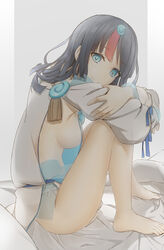  absurdres bare_shoulders barefoot black_hair blue_eyes blue_ribbon breasts closed_mouth dress fate/grand_order fate/requiem fate_(series) feet female fundoshi highres japanese_clothes jewelry knees_up large_breasts long_sleeves looking_at_viewer magatama magatama_hair_ornament medium_hair multicolored_hair necklace nonone_(the9thxsheep) painttool_sai_(medium) pelvic_curtain pink_hair puffy_long_sleeves puffy_sleeves ribbon short_dress sideboob sideless_outfit sidelocks sitting smile solo streaked_hair thighs utsumi_erice white_dress 