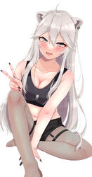  absurdres ahoge animal_ears arm_support black_nails black_shorts black_sports_bra blush breasts cleavage commentary_request ear_piercing fangs female fingernails grey_eyes grey_hair hair_between_eyes highres hololive large_breasts lion_ears lion_girl lion_tail long_fingernails long_hair looking_at_viewer messy_hair midriff navel nerorigogo official_alternate_costume official_alternate_hairstyle pantyhose pantyhose_under_shorts parted_lips piercing shishiro_botan shishiro_botan_(button-down) shorts solo sports_bra tail thighs underwear v virtual_youtuber white_background 