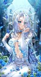  absurdres artist_name belt blue_butterfly blue_eyes blue_flower blue_hair blue_nails blue_rose blurry blurry_background blush breasts breasts_apart bug butterfly cape chains commentary covering_breasts covering_privates crystal curled_fingers curtains english_commentary eyelashes eyes_visible_through_hair female flower forehead gem gold_chain hair_between_eyes halo highres indie_virtual_youtuber kira_yukishiro light_blue_hair light_particles linea_alba long_sleeves looking_at_viewer medium_breasts monarch_(amalee) navel outdoors pants parted_lips petals pixiv_id plant rose see-through sitting sleeves_past_wrists solo sparkle stopwatch too_many too_many_butterflies twitter_username v-shaped_eyebrows virtual_youtuber white_hair white_legwear white_pants white_sleeves 