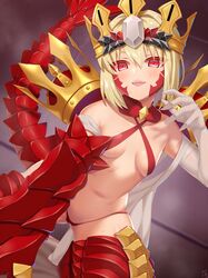  ahoge bare_shoulders bikini blonde_hair braid breasts criss-cross_halter crown dragon_claw dragon_tail elbow_gloves facial_mark fate/grand_order fate_(series) female french_braid gloves gold_crown guriguri_(arayotto4351) hair_bun hair_intakes hair_ribbon halterneck highres kneeling long_hair looking_at_viewer navel nero_claudius_(fate) off_shoulder open_clothes open_mouth pointed_crown queen_draco_(fate) queen_draco_(second_ascension)_(fate) red_bikini red_eyes red_ribbon ribbon robe scales single_glove small_breasts smile solo swimsuit tail thighs white_gloves white_robe 