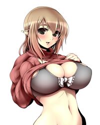  black_bra blush bow bra breasts brown_eyes cleavage commentary_request female haseru_(ginku_mh) highres large_breasts looking_at_viewer navel open_mouth original pointy_ears simple_background skindentation solo sweater underwear upper_body white_background white_bow 