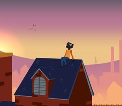  anthro black_body building city cityscape clothed clothing domestic_cat felid feline felis female gglloooopp hi_res house looking_up mae_borowski mammal night_in_the_woods red_eyes sitting sky solo urban yellow_sclera 