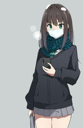  black_hair breath cardigan cellphone female green_eyes grey_background haseneko highres holding holding_phone idolmaster idolmaster_cinderella_girls long_hair long_sleeves looking_at_phone mask mouth_mask necktie phone scarf school_uniform shibuya_rin simple_background skirt smartphone snow_on_head solo surgical_mask 