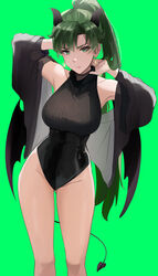  absurdres alternate_costume black_jacket black_leotard breasts closed_mouth demon_girl demon_horns demon_tail demon_wings earrings female fire_emblem fire_emblem:_the_blazing_blade green_background green_eyes green_hair halloween halloween_costume hands_up highres horns jacket jewelry large_breasts leotard long_hair looking_at_viewer lyn_(fire_emblem) ormille ponytail simple_background solo sweater tail very_long_hair wings 