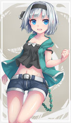  bare_arms belt belt_buckle black_camisole black_hairband black_ribbon black_shorts blue_eyes blush buckle camisole collarbone commentary_request crop_top denim denim_shorts female green_jacket groin hair_ribbon hairband hand_up highres hood hood_down hooded_jacket jacket konpaku_youmu looking_at_viewer magatama midriff navel open_clothes open_jacket ribbon short_hair short_shorts shorts sleeveless sleeveless_jacket solo strap_slip thigh_gap touhou uumaru white_belt white_hair 