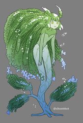  :3 branch bubble colored_skin female full_body green_eyes green_hair green_skin grey_background highres kizuta_(barometz) long_hair monster_girl no_feet original plant_girl plant_hair plant_roots solo twitter_username very_long_hair white_hair 