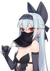  bare_shoulders beijuu black_gloves blue_hair bow breasts champagne_flute choker commentary_request cup drinking_glass earrings elbow_gloves female girls&#039;_frontline gloves hairband hairbow highres jewelry long_hair looking_at_viewer mask mouth_veil red_eyes simple_background solo tokarev_(girls&#039;_frontline) tokarev_(griffin&#039;s_dancer)_(girls&#039;_frontline) veil white_background 