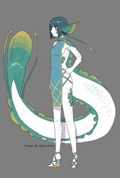  blue_dress blue_footwear blue_hair colored_skin cross-laced_clothes cross-laced_dress cross-laced_footwear dress facing_to_the_side female fins fish_girl fish_tail full_body green_scales grey_background hand_on_own_hip head_fins high_heels highres kizuta_(barometz) lace-up_heels looking_at_viewer monster_girl original pelvic_curtain scales short_hair sideless_outfit solo tail toeless_footwear turtleneck twitter_username white_scales white_skin yellow_eyes 