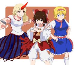  3girls aasamu alice_margatroid artistic_error ascot blonde_hair bloomers blue_dress blue_eyes blue_skirt bow breasts closed_mouth commentary_request cookie_(touhou) cuffs detached_sleeves dress feet_out_of_frame fist_in_hand frilled_bow frilled_dress frilled_hair_tubes frilled_hairband frilled_legwear frilled_necktie frilled_sash frilled_shirt_collar frills grin hair_tubes hairband hairbow hakurei_reimu highres horns hoshiguma_yuugi kanna_(cookie) long_hair looking_at_viewer medium_breasts multiple_girls necktie open_mouth orange_background osanai_(cookie) pink_necktie pink_sash red_bow red_hairband red_shirt red_skirt ribbon-trimmed_sleeves ribbon_trim sakuranbou_(cookie) sash shackles shirt short_hair showgirl_skirt single_horn skirt sleeveless sleeveless_dress smile socks striped_clothes striped_skirt touhou two-tone_background underwear vertical-striped_clothes vertical-striped_skirt white_background white_shirt white_sleeves yellow_ascot yellow_bow 