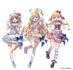  3girls :d ahoge amakawa_hano aqua_eyes aqua_hair asymmetrical_legwear black_bow blonde_hair blue_eyes blue_footwear blue_hair blue_skirt bow brown_footwear brown_hair chyoling commentary_request copyright_notice crop_top hair_ornament hairbow layered_skirt long_hair looking_at_viewer midriff multicolored_hair multiple_girls official_art one_side_up open_mouth pink_footwear pink_sailor_collar puffy_short_sleeves puffy_sleeves purple_sailor_collar purple_skirt re:act sailor_collar shirt short_sleeves simple_background single_sock single_thighhigh skirt smile socks standing standing_on_one_leg star_(symbol) star_hair_ornament streaked_hair striped_bow striped_clothes striped_thighhighs thighhighs tsukushi_aria twintails very_long_hair virtual_youtuber watermark white_background white_footwear white_legwear white_shirt white_skirt yellow_sailor_collar yellow_skirt yumekawa_kanau 