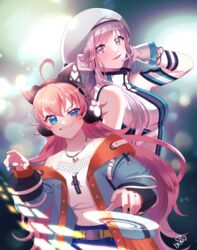  2girls animal_ear_headphones animal_ears bang_dream! belt blue_eyes blue_jacket blue_shorts blush breasts brown_belt cat_ear_headphones cowlick crossover d4dj dew_(dltmf2266) fake_animal_ears grey_eyes grey_hair halterneck headphones izumo_saki jacket looking_at_viewer medium_breasts multiple_girls navel open_mouth red_hair shirt shorts sleeveless sleeveless_jacket smile tamade_chiyu tsumugi_risa voice_actor_connection white_jacket white_shirt 