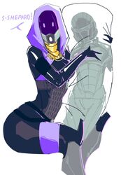  2021 3_fingers alien alien_humanoid arched_back ass belt big_butt bioware biped black_clothing bodily_fluids body_pillow bodysuit breasts clothed clothing dakimakura dakimakura_design dakimakura_pillow dialogue digital_drawing_(artwork) digital_media_(artwork) electronic_arts embarrassed exclamation_point featureless_(disambiguation) female fingers flat_colors fully_clothed glistening glistening_clothing hood hug hugging_object hugging_pillow humanoid leg_wrap line_art mask mass_effect medium_breasts n7 not_furry pillow portrait purple_clothing purple_eyes purple_mask quarian side_butt simple_background sitting skinsuit solo spookyboi sweat sweatdrop tali&#039;zorah thick_thighs three-quarter_portrait tight_clothing white_background 