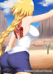  artist_name back back_tattoo bare_shoulders blonde_hair blue_shorts blue_sky braid breasts cactus cloud fate/apocrypha fate/grand_order fate_(series) female from_behind hellandheaven highres hitchhiking jeanne_d&#039;arc_(fate) jeanne_d&#039;arc_(girl_from_orleans)_(fate) large_breasts long_braid long_hair outdoors patreon_username shirt shorts single_braid sky sleeveless sleeveless_shirt standing tattoo white_shirt 