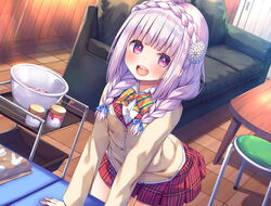  :d asa_no_ha_(awayuki) bow braid couch female flower hair_flower hair_ornament indoors jacket leaning_forward mixing_bowl open_mouth orange_bow original plaid plaid_skirt purple_eyes purple_hair red_skirt skirt smile solo standing striped striped_bow twin_braids wakana_kuroki 