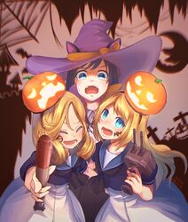  3girls asashio_(kancolle) black_hair blonde_hair blue_eyes blue_sailor_collar closed_eyes collarbone dated dress hair_between_eyes halloween halloween_costume hat highres holding holding_torpedo infini jack-o&#039;-lantern janus_(kancolle) jervis_(kancolle) kantai_collection long_hair machinery multiple_girls open_mouth puffy_short_sleeves puffy_sleeves pumpkin_hat purple_headwear rigging sailor_collar sailor_dress short_hair short_sleeves torpedo turret twitter_username white_dress witch_hat 