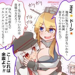  3girls blonde_hair blue_eyes blush_stickers breast_smother breasts commentary_request face_to_breasts gangut_(kancolle) gangut_dva_(kancolle) grey_hair hair_ornament hairclip hat hibiki_(kancolle) hug iowa_(kancolle) kantai_collection large_breasts long_hair mitchell_(dynxcb25) multiple_girls open_mouth red_eyes scar scar_on_cheek scar_on_face smile star_(symbol) translation_request trembling triangle_mouth verniy_(kancolle) yuri 