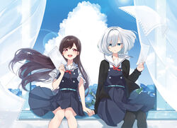  2girls asaka_kaori belt black_jacket black_pantyhose blue_dress blue_flower blush breasts brown_hair buttons cloud commentary_request curtains day double-breasted double_bun dress feet_out_of_frame floating_hair flower green_eyes grey_hair hair_bun hand_grab highres holding holding_hands holding_paper hoshikawa_shizuku jacket kimi_to_tsuzuru_utakata lens_flare long_hair looking_at_viewer looking_down medium_breasts mole mole_on_neck mole_under_eye multiple_girls official_art open_mouth pantyhose paper parted_lips pinafore_dress red_eyes sailor_collar shirt short_hair short_sleeves sitting sleeveless sleeveless_dress smile teeth upper_teeth_only white_shirt window yuama_(drop) yuri 