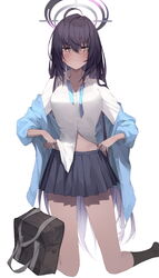  aqua_necktie bag black_hair black_skirt black_socks blue_archive blush breasts closed_mouth dark-skinned_female dark_skin female hair_between_eyes halo highres karin_(blue_archive) kneehighs kneeling large_breasts long_hair looking_at_viewer necktie open_clothes pleated_skirt sailor_collar school_bag school_uniform serafuku shirt simple_background skirt socks solo soya_(torga) undone_necktie very_long_hair white_background white_shirt yellow_eyes 