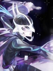  1boy animal_skull black_hair blurry cape depth_of_field holding holding_sword holding_weapon judas_(tales) male_focus nishihara_isao oekaki open_mouth pale_skin photoshop_(medium) purple_eyes short_hair skull_on_head solo sword tales_of_(series) tales_of_destiny_2 weapon 