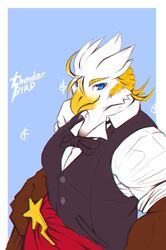  2018 accipitrid accipitriform agitype01 anthro avian beak biceps bird black_clothing blue_background blue_eyes border bow_tie character_name chromatic_aberration clothed clothing digital_media_(artwork) eagle feathers half-length_portrait hi_res lifewonders looking_at_viewer male muscular muscular_anthro muscular_male pecs portrait shirt simple_background smile solo thunderbird_(tas) tokyo_afterschool_summoners topwear vest white_body white_border white_clothing white_feathers white_shirt white_topwear yellow_beak 