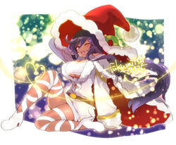  black_hair breasts cape christmas dark_skin dragalia_lost female fukumitsu_0025 hat high_heels large_breasts long_hair malora malora_(dragalia_lost) official_alternate_costume open_mouth santa_hat 