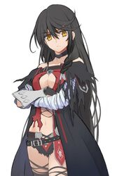  black_choker black_hair black_shorts black_thighhighs breasts choker cleavage closed_mouth collarbone commentary_request cowboy_shot crossed_arms female frown hair_between_eyes long_hair looking_at_viewer medium_breasts midriff navel short_shorts shorts simple_background solo standing stomach tales_of_(series) tales_of_berseria thighhighs torn_clothes torn_shorts torn_thighhighs ueyasu v-shaped_eyebrows velvet_crowe very_long_hair white_background yellow_eyes 