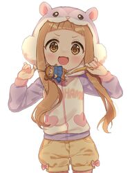  animal_hood arched_bangs blunt_bangs blush brown_eyes brown_hair commentary_request cowboy_shot crime_prevention_buzzer crime_prevention_buzzer_threat euphoniummatsu female hands_up highres hood hood_up hoodie ichihara_nina idolmaster idolmaster_cinderella_girls long_hair long_sleeves looking_at_viewer open_mouth puffy_long_sleeves puffy_sleeves purple_hoodie short_shorts shorts shukusei!!_loli-gami_requiem sidelocks simple_background solo v-shaped_eyebrows white_background yellow_shorts 