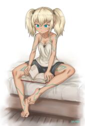  absurdres aged_down bare_legs barefoot bed blonde_hair blue_eyes body_markings book breasts cleavage collarbone earrings elf feet female hairband highres jewelry knees_apart_feet_together legs lettanya original pointy_ears reading ribbon single_earring sitting small_breasts solo tank_top tiptoes toenails toes tsukimaru_(ls_99ml) twintails white_background wooden_floor 