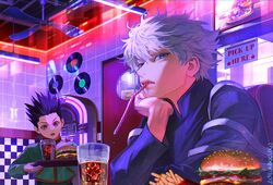  2boys black_hair blackbox_(blackbox9158) blue_eyes blue_shirt brown_eyes burger cafe cd ceiling_fan commentary drinking_straw food french_fries from_below gon_freecss green_jacket head_rest holding holding_tray hunter_x_hunter jacket killua_zoldyck long_sleeves looking_at_another looking_at_viewer male_focus mouth_hold multiple_boys open_mouth reflection shirt short_hair sitting soda spiked_hair sweatdrop symbol-only_commentary teeth tray turtleneck upper_body upper_teeth_only white_hair 