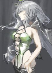  absurdres animal_ear_fluff animal_ears arknights asymmetrical_hair black_coat breasts cat_ears cat_girl cat_tail coat commentary dress english_commentary female green_dress green_eyes grey_hair highres kal&#039;tsit_(arknights) kal&#039;tsit_(remnant)_(arknights) long_hair monmon_(sleepymonmon) navel official_alternate_costume open_clothes open_coat parted_lips solo tail undressing 