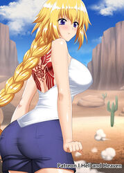  :t artist_name back back_tattoo bare_shoulders blonde_hair blue_eyes blue_shorts blue_sky blush braid breasts cactus clenched_hands cloud fate/apocrypha fate/grand_order fate_(series) female hellandheaven highres hitchhiking jeanne_d&#039;arc_(fate) jeanne_d&#039;arc_(girl_from_orleans)_(fate) large_breasts long_braid long_hair outdoors patreon_username pout shirt shorts sidelocks single_braid sky sleeveless sleeveless_shirt standing tattoo white_shirt 