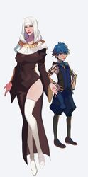  1boy absurdres armband bad_id bad_twitter_id black_robe black_vest blue_bow blue_bowtie blue_eyes blue_hair blue_legwear blue_vest bow bowtie breasts brown_footwear buddhist_nun collared_shirt commentary english_commentary ennuigrl fate/extra fate/extra_ccc fate_(series) female gold grey_legwear habit hands_on_own_hips hans_christian_andersen_(fate) high_heels highres huge_breasts jewelry necklace nun pantyhose puffy_shorts puffy_sleeves robe sessyoin_kiara shirt shoelaces shorts side_slit smile striped_clothes striped_shirt thighhighs vertical-striped_clothes vertical-striped_shirt vest white_footwear white_legwear yellow_eyes 