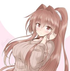  beige_sweater blush brown_eyes brown_hair female hair_intakes kantai_collection long_hair looking_at_viewer official_alternate_costume ponytail ribbed_sweater shizuna_kaede smile solo split_mouth sweater upper_body yamato_(kancolle) 