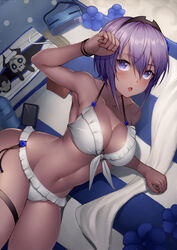  2boys :o arm_support arm_up armpits bag bangs banned_artist beach_towel bikini black_hairband blush bottle breasts cellphone character_request cleavage collarbone commentary_request dark_skin eyebrows_visible_through_hair fate/grand_order fate_(series) female frilled_bikini frills from_above goggles hairband hassan_of_serenity_(fate) in_bag in_container kyoeiki lying medium_breasts miniboy multiple_boys navel on_side open_mouth phone purple_hair short_hair smartphone solo_focus stomach swimsuit thigh_strap towel water_bottle white_bikini wristband 